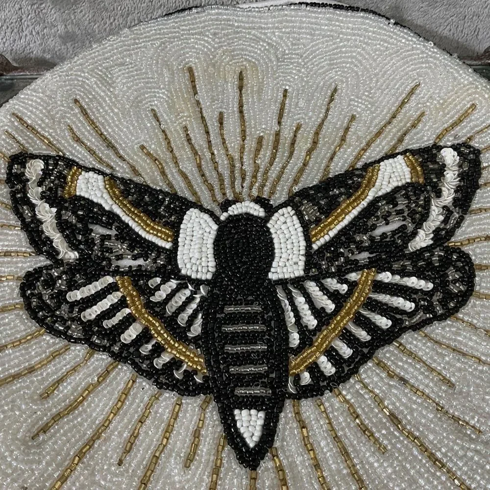 Moth Decorative Round Beaded Pillow cover only Butterfly Blk/wht/gd. Accent 13
